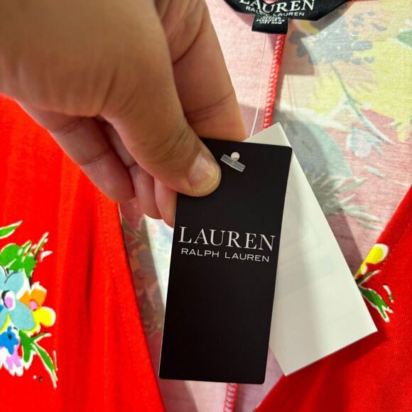 Lauren Ralph Lauren Jersey Wrap Dress Small Orange Floral Surplice Neck NWT - Picture 7 of 11